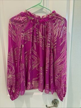 Lilly Pulitzer Magenta Blouse with Gold Metallic Print